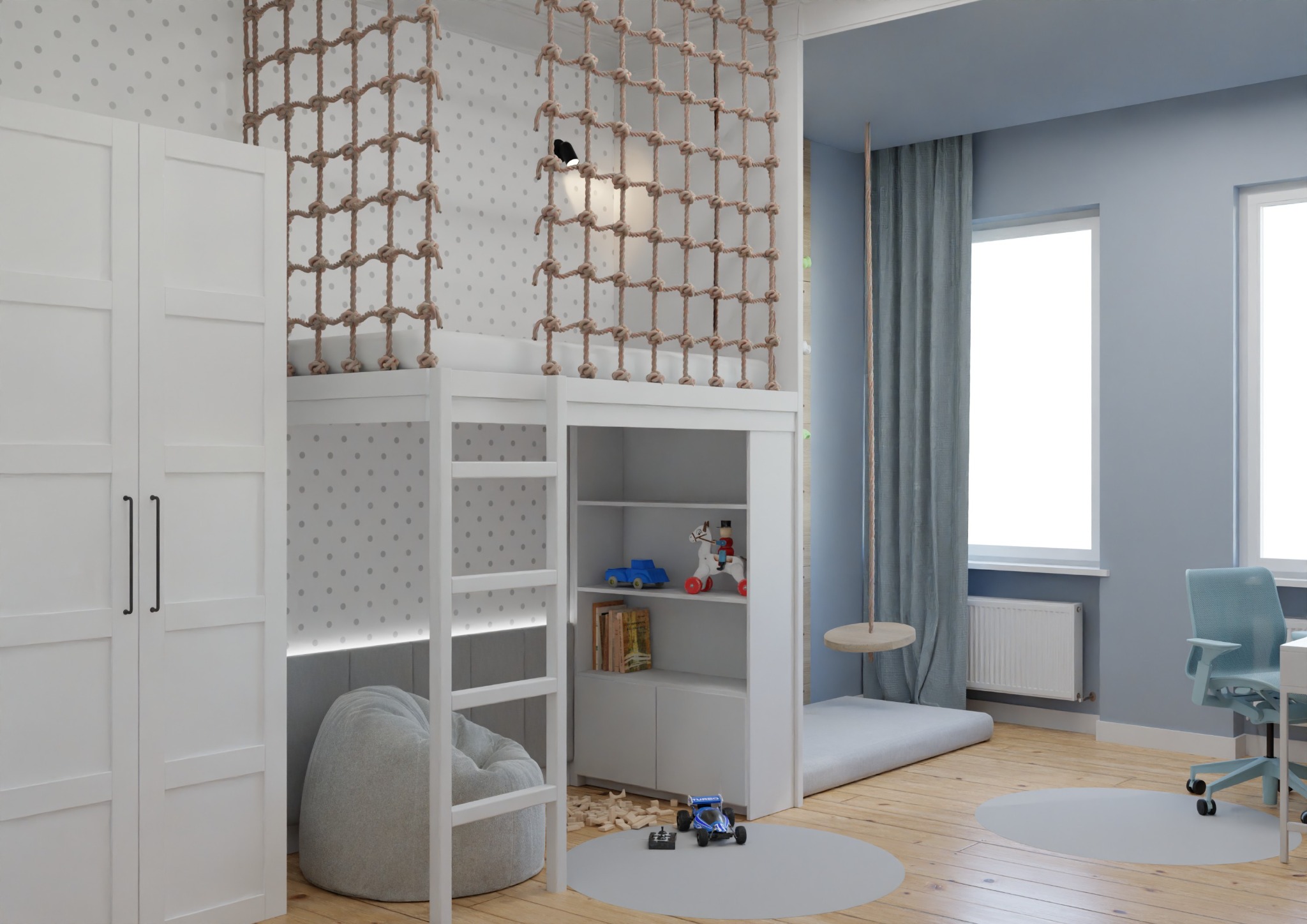 Pokój dziecięcy z łóżkiem na antresoli, drabinką, siatką linową, szafą, regałem z zabawkami, pufem i huśtawką na linie.