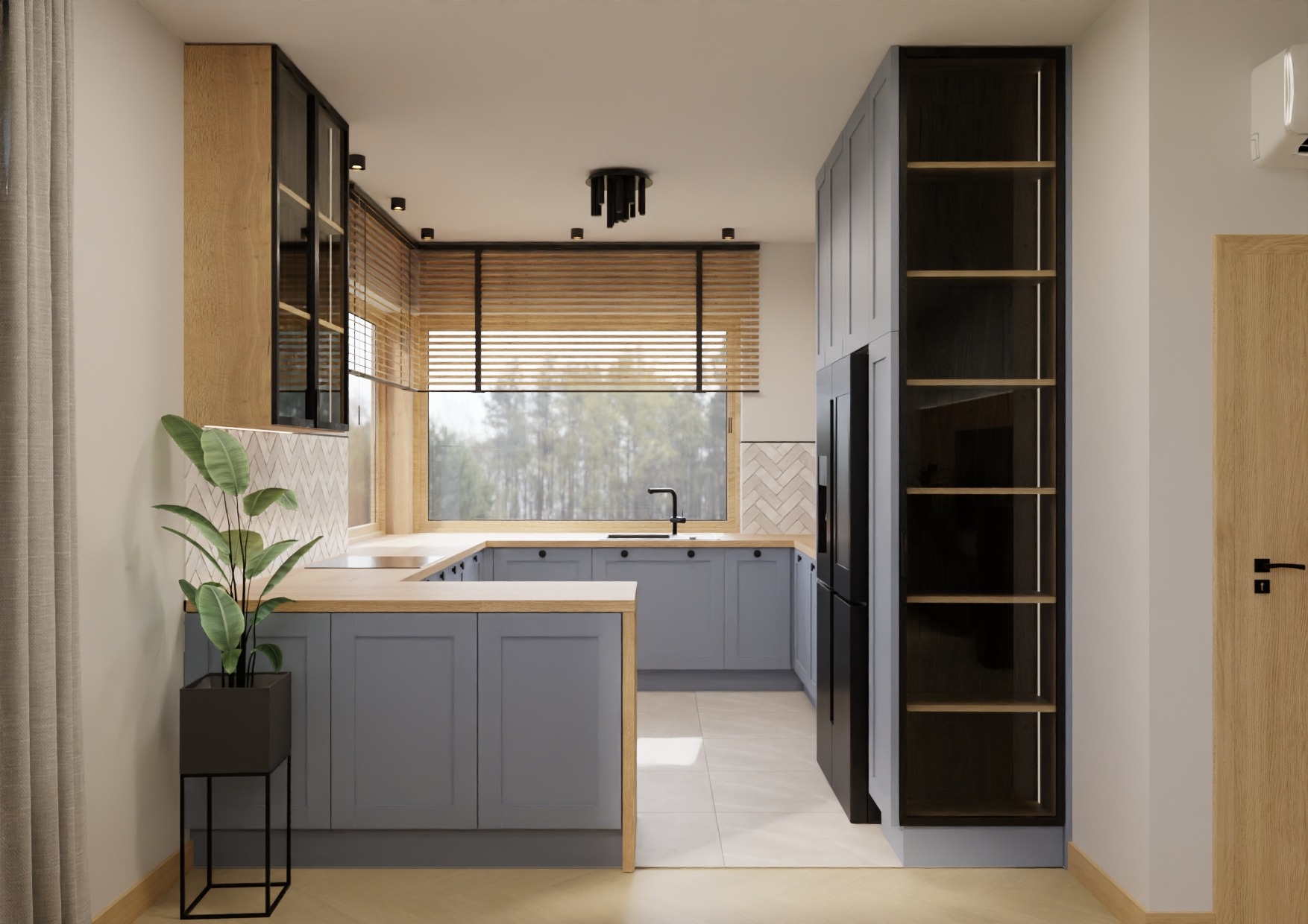 Wizualizacja nowoczesnej kuchni w odcieniach szarości z drewnianymi akcentami, dużą ilością naturalnego światła i rośliną doniczkową w minimalistycznej czarnej donicy.