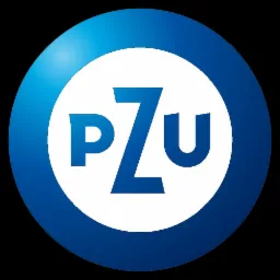 Logo PZU: Niebieskie litery PZU na białym tle, otoczone niebieskim okręgiem z gradientem.