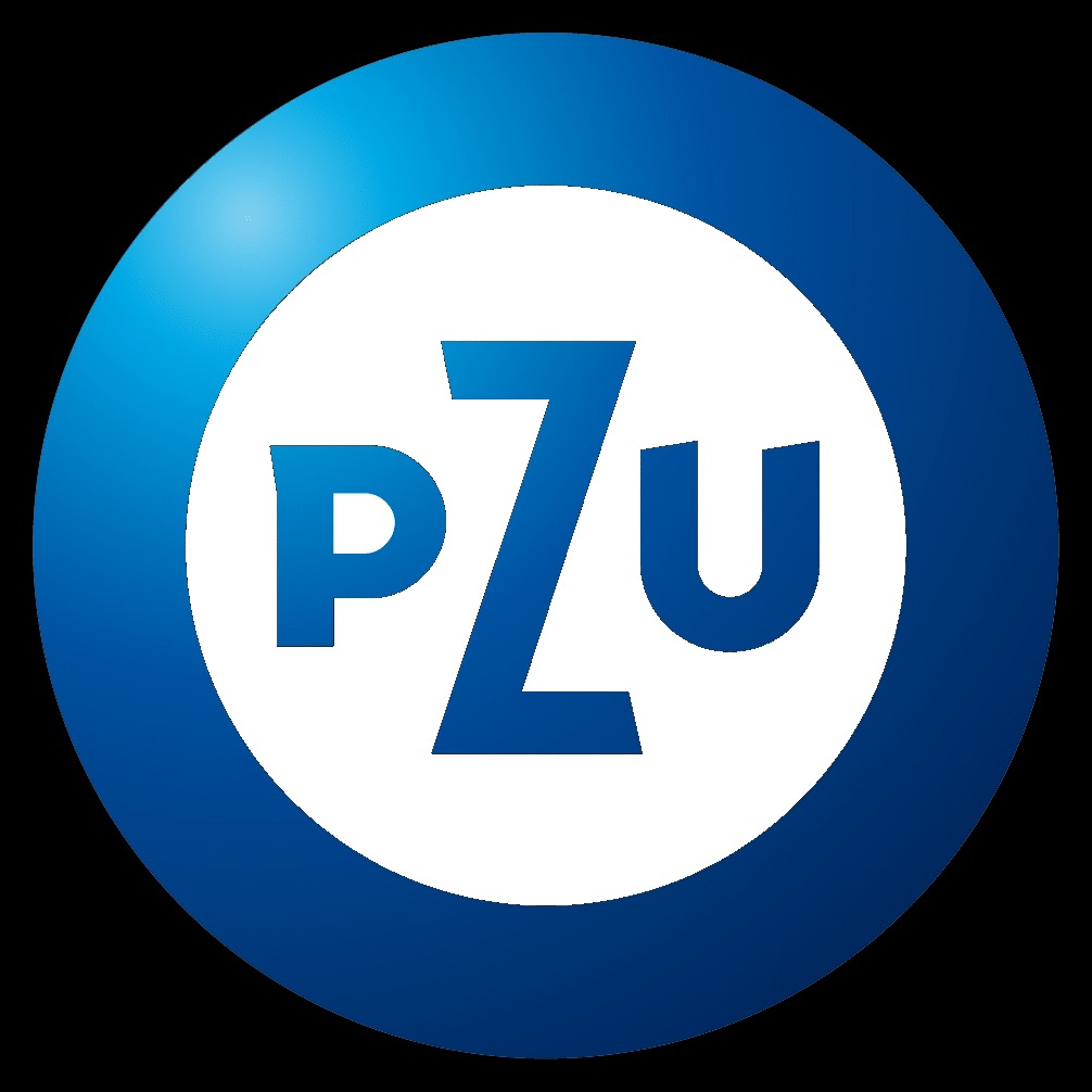 Logo PZU: Niebieskie litery PZU na białym tle, otoczone niebieskim okręgiem z gradientem.