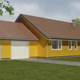 Wizualizacja parterowego domu jednorodzinnego z garażem, żółta elewacja, brązowy dach, białe okna i brama garażowa, otoczenie zielone.