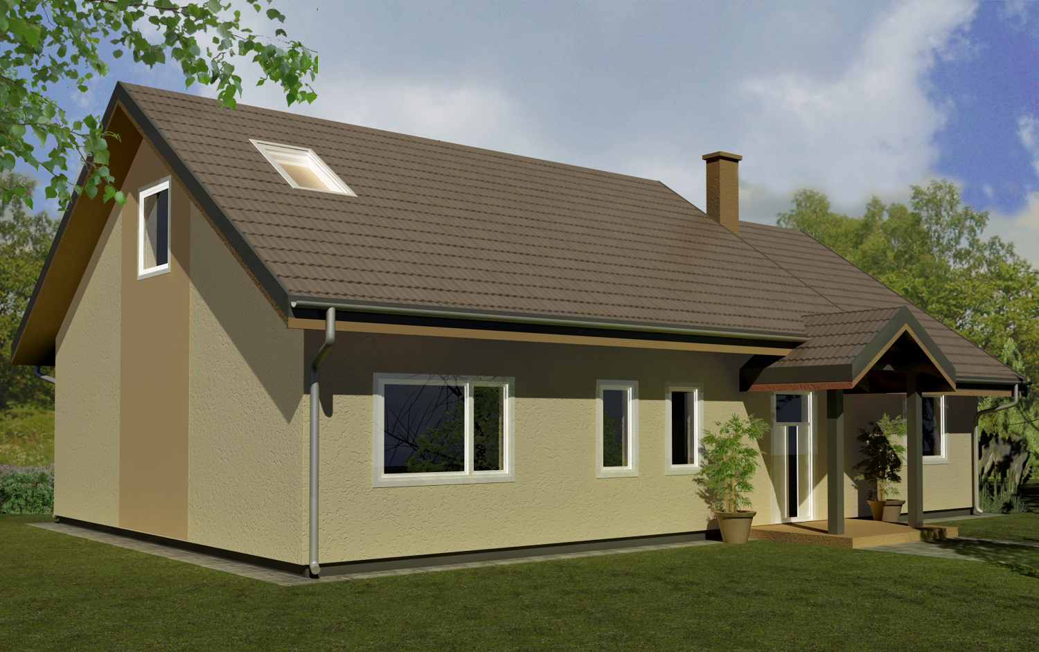 Wizualizacja domu szkieletowego z brązowym dachem, oknami z białymi ramami i wejściem z małym zadaszeniem, otoczonego zielonym trawnikiem.