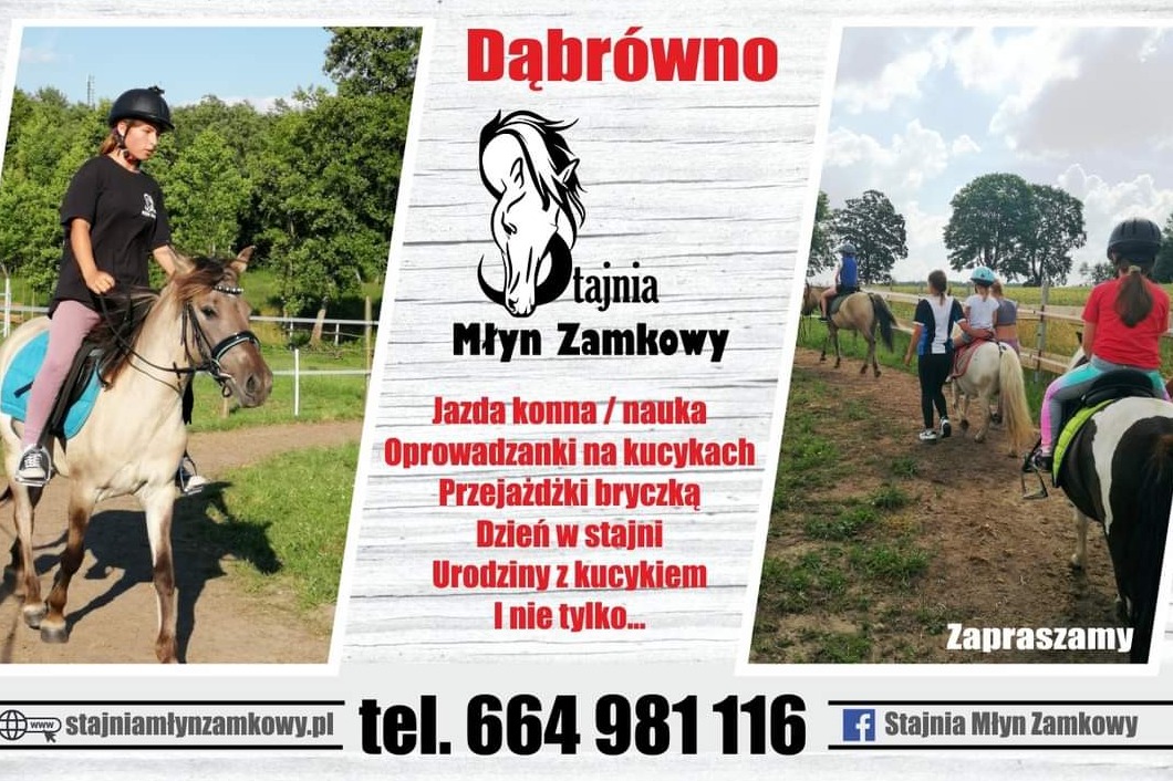 Uczestniczka w kasku jeździ konno na jasnym koniu, w tle grupa dzieci na kucykach i logo stajni Młyn Zamkowy z ofertą jazdy konnej, urodzin i przejażdżek bryczką.