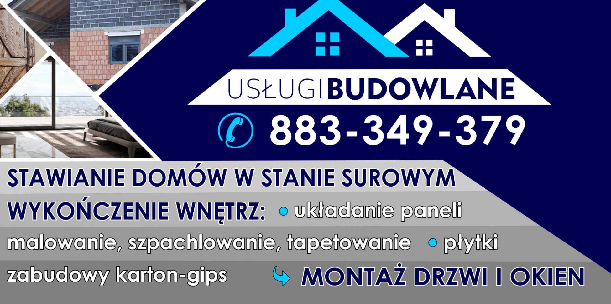 Grafika reklamowa firmy budowlanej prezentująca elewację z cegły klinkierowej, okno z roletą zewnętrzną, drewniane drzwi oraz wnętrze z widokiem na miasto.