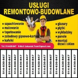 Grafika reklamowa firmy remontowo-budowlanej, prezentująca listę usług takich jak szpachlowanie, malowanie, tapetowanie, zabudowy gipsowo-kartonowe, kafelki, glazury, płytki, wykładziny, panele...