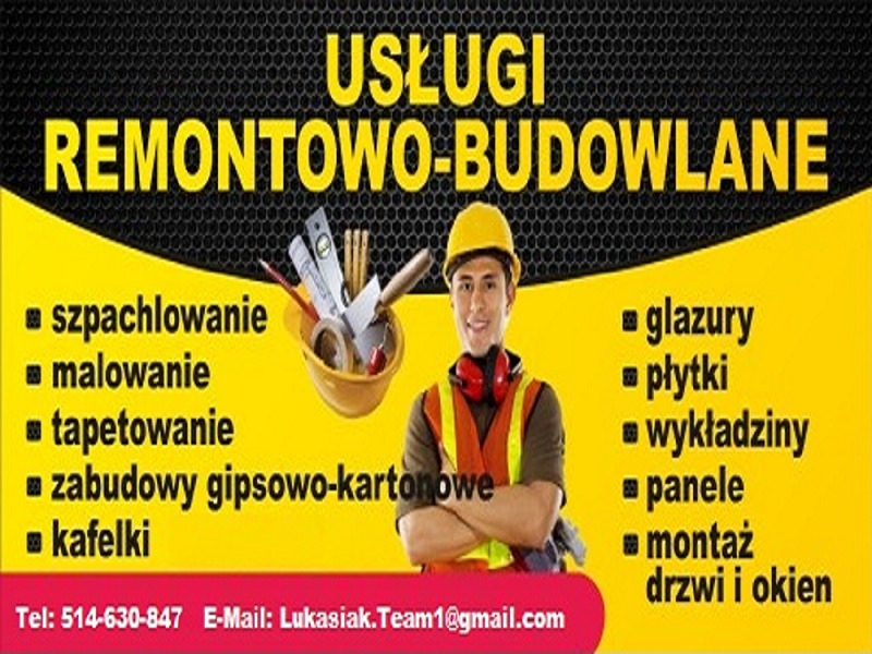 Grafika reklamowa usług remontowo-budowlanych z listą oferowanych prac: szpachlowanie, malowanie, tapetowanie, zabudowy gipsowo-kartonowe, kafelki, glazury, płytki, wykładziny, panele, montaż drzwi...
