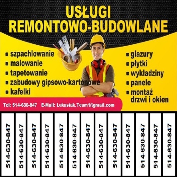 Grafika reklamowa firmy remontowo-budowlanej, prezentująca listę usług takich jak szpachlowanie, malowanie, tapetowanie, zabudowy gipsowo-kartonowe, kafelki, glazury, płytki, wykładziny, panele...