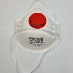 Biała maska ochronna AWON FFP3 NR z czerwonym zaworem wydechowym na białym tle.