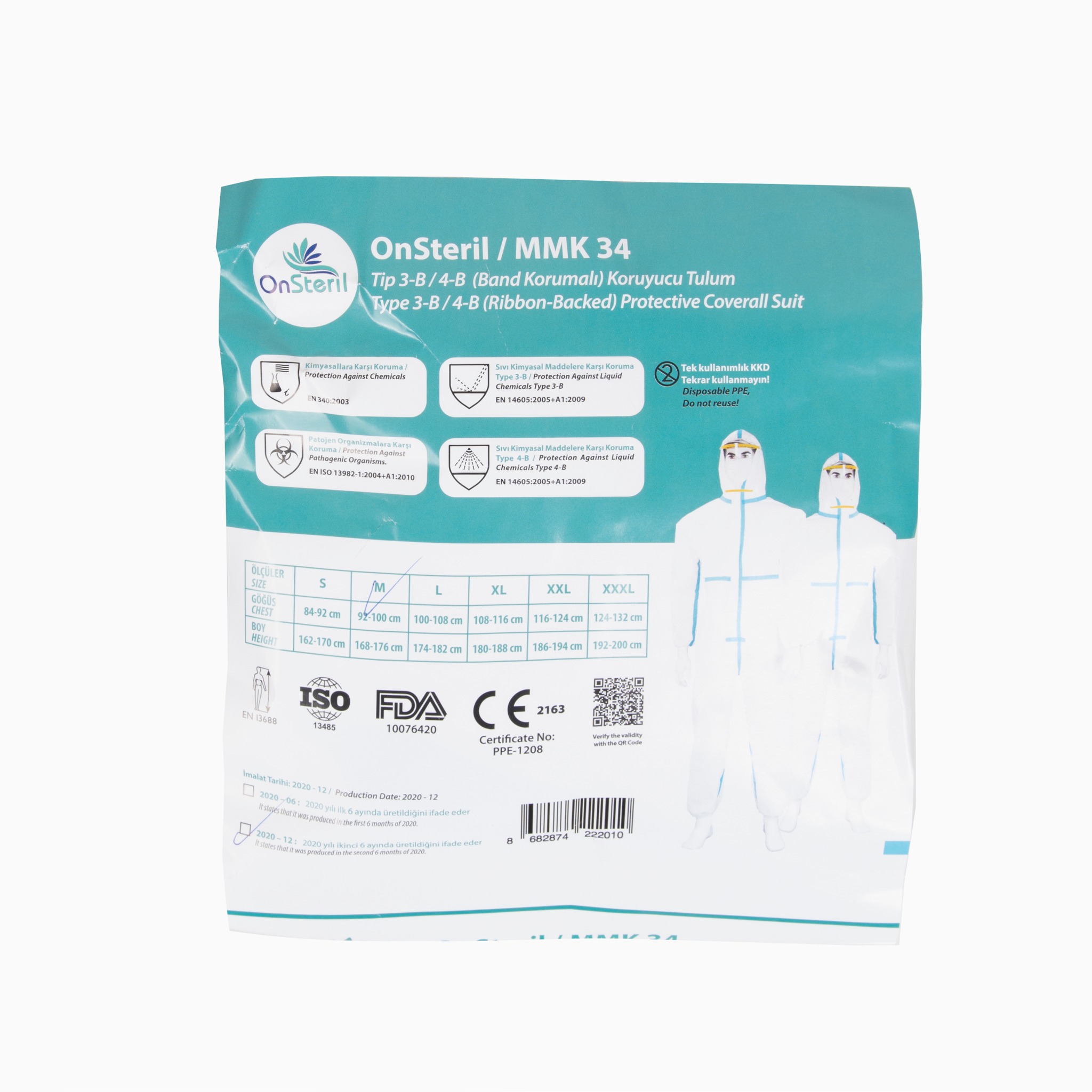 Opak opakowanie kombinezonów ochronnych OnSteril MMK 34 z tabelą rozmiarów i certyfikatami, dystrybuowanych w Pabianicach.