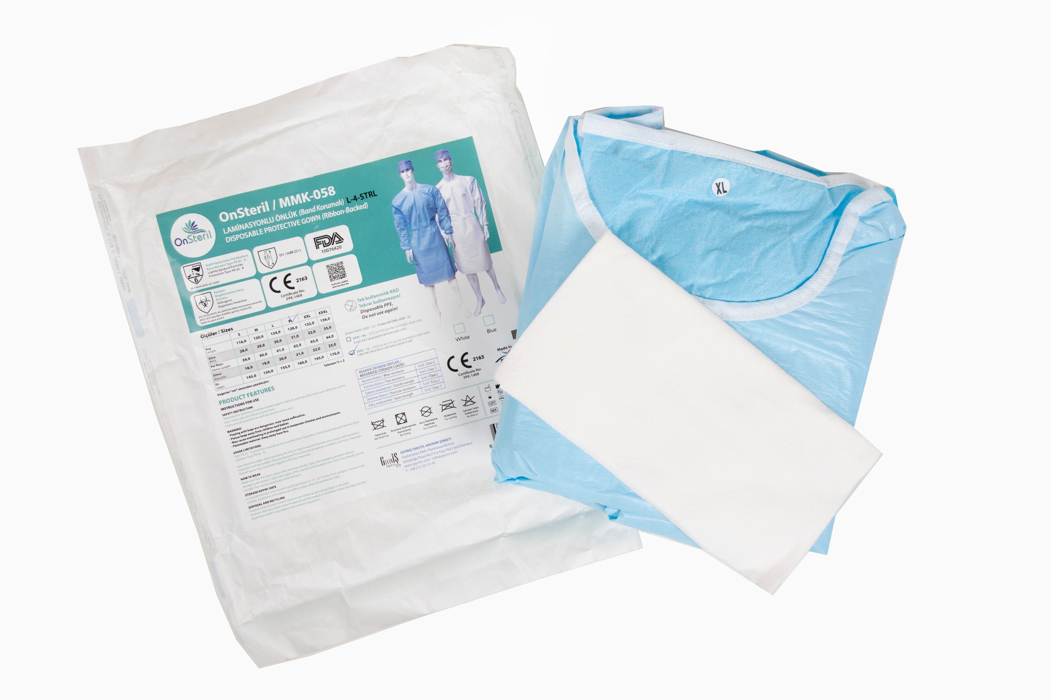 Nowe, zapakowane w folie, jednorazowe, laminowane fartuchy ochronne OnSteril z band koruma, w rozmiarach od S do XXXL, z certyfikatami FDA i CE.