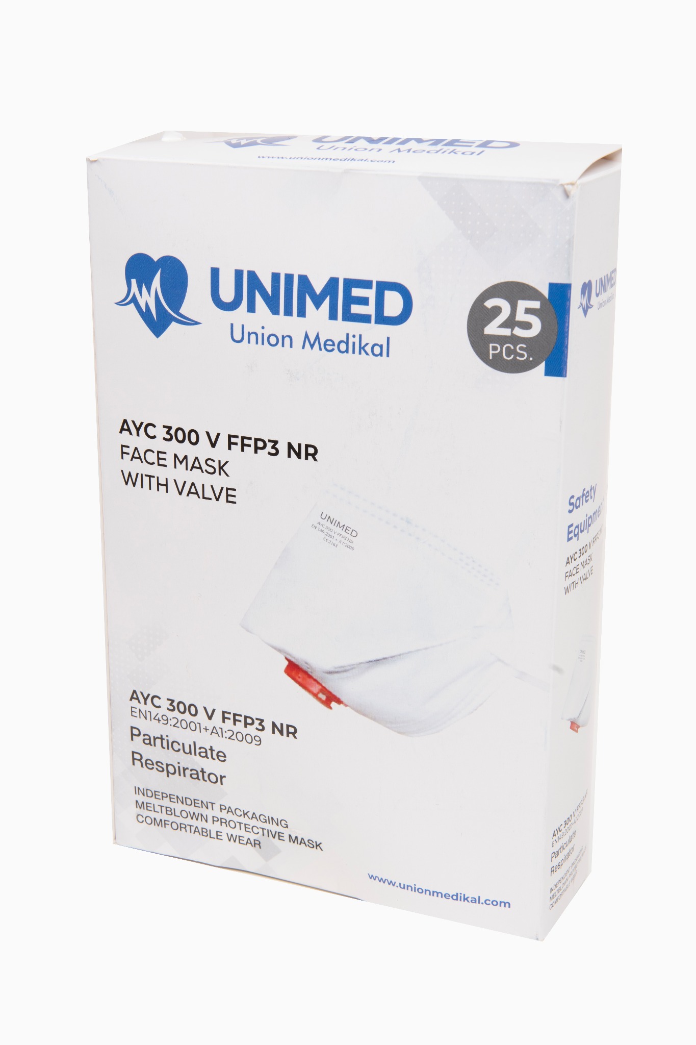 Pudełko masek filtrujących FFP3 z zaworem, model AYC 300 V, marki UNIMED, z widocznymi certyfikatami i informacją o ilości sztuk w opakowaniu.