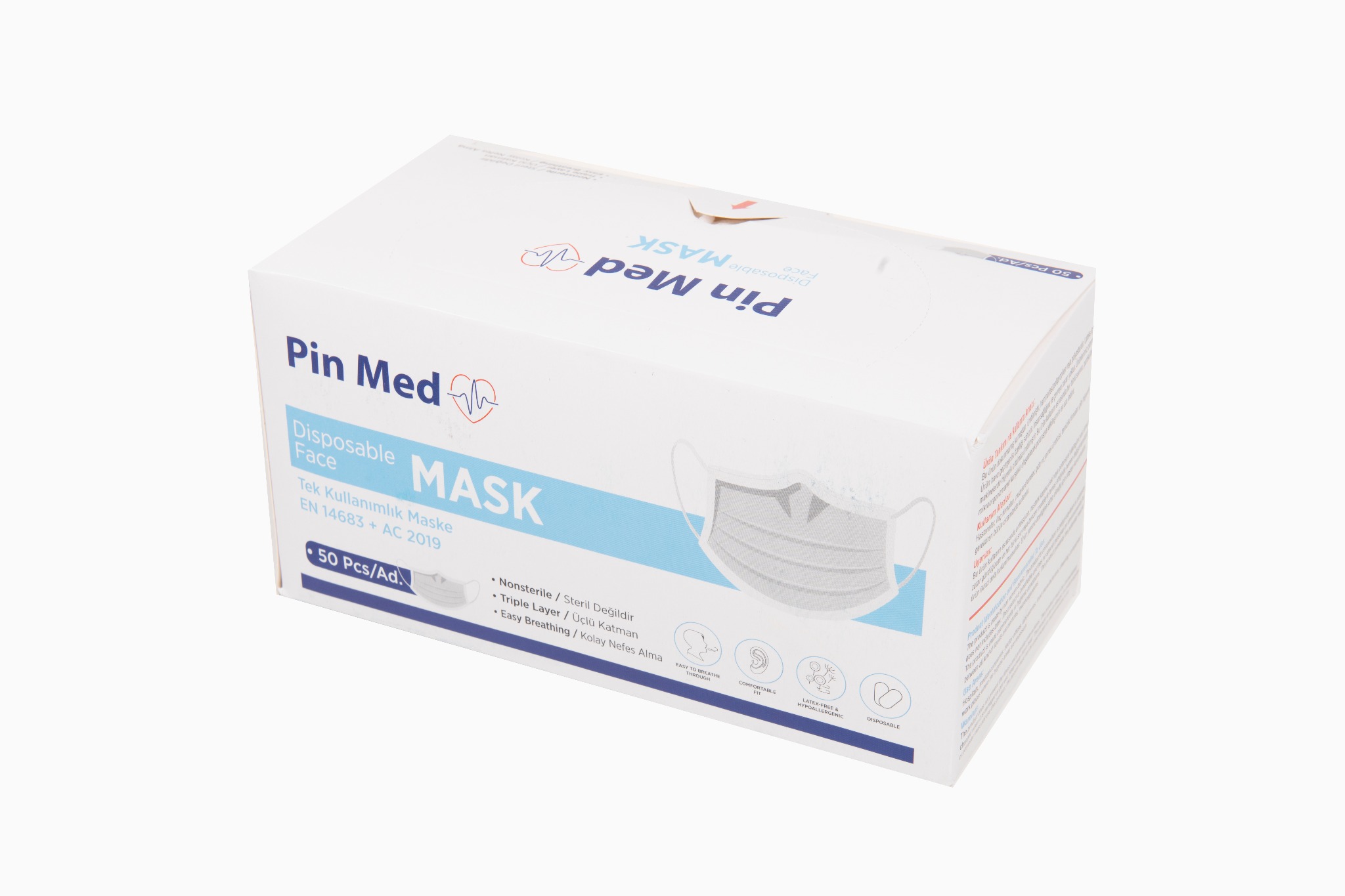 Pudełko jednorazowych maseczek ochronnych Pin Med z nadrukowanymi informacjami o produkcie i certyfikatach, widoczne ikony opisujące właściwości maski: łatwość oddychania, dopasowanie...