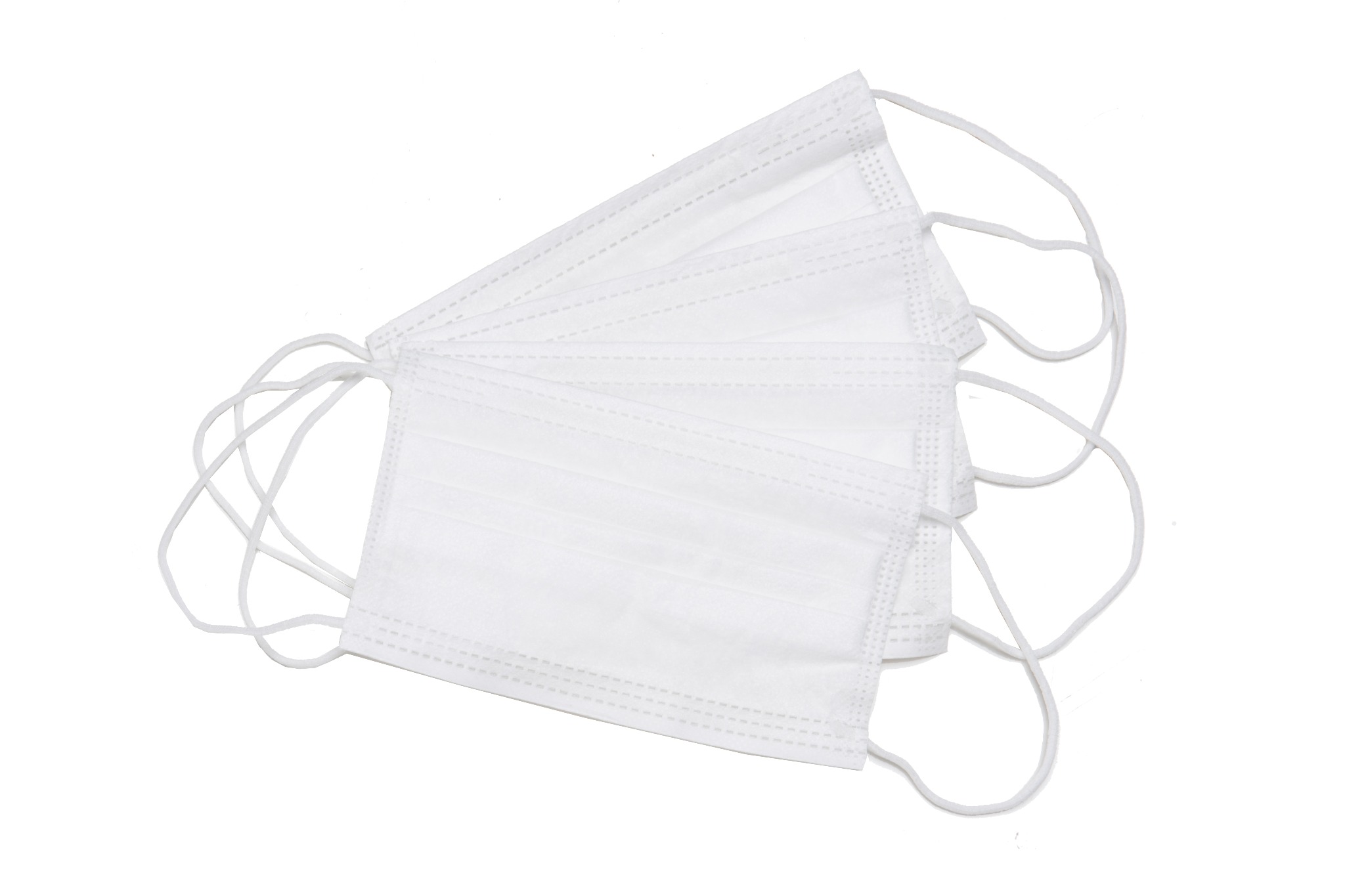 Stos pięciu białych, jednorazowych maseczek ochronnych z elastycznymi gumkami, ułożonych warstwami na białym tle.