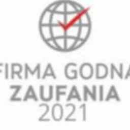 Logo 'Firma Godna Zaufania 2021' z symbolem globu i czerwonym ptaszkiem, sugerujące wiarygodność i solidność firmy.