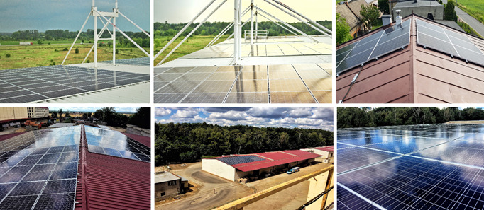 Kompozycja sześciu ujęć instalacji paneli słonecznych na różnych budynkach, ukazujących różnorodność montażu i otoczenia.