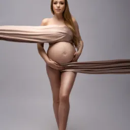 Portret kobiety w ciąży, owiniętej beżową tkaniną na jasnoszarym tle, z widocznym tatuażem na ramieniu i delikatnym pierścionkiem na palcu, w dolnym rogu widoczne logo fotografa.