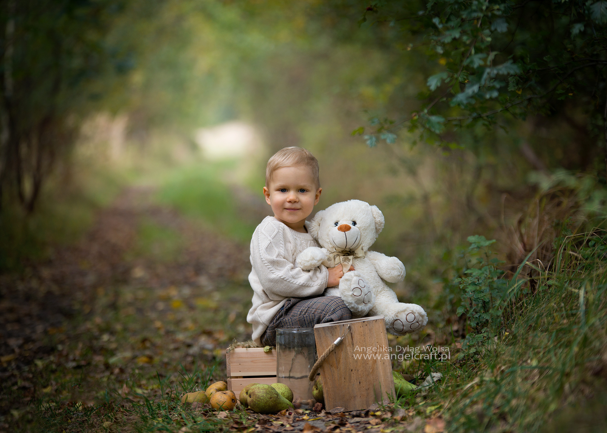 Uśmiechnięty chłopiec w kremowym swetrze i kraciaste spodnie siedzi na drewnianej skrzynce w jesiennym lesie, trzymając pluszowego misia z kokardą. Obok skrzynki leżą gruszki i stoi szklany wazon.