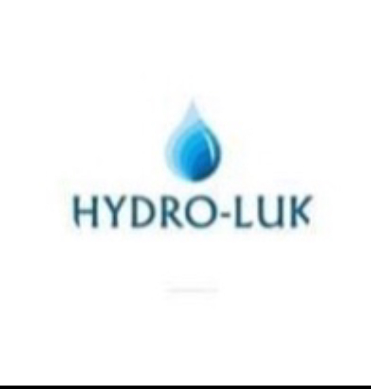 Logo firmy Hydro-Luk z niebieską kroplą wody nad nazwą.