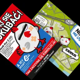 Dwie ulotki reklamowe z grafiką stylizowanych kurczaków, hasłami 'Nie daj się oskubać!' i mapą miasta, prezentowane na czarnym tle.