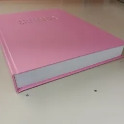 Różowa oprawiona praca dyplomowa z wytłoczonym tytułem, widoczny bok z białymi kartkami.