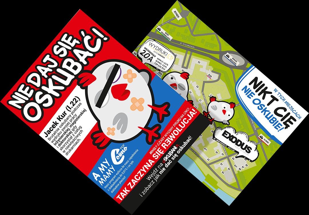 Dwie ulotki reklamowe z grafiką stylizowanych kurczaków, hasłami 'Nie daj się oskubać!' i mapą miasta, prezentowane na czarnym tle.