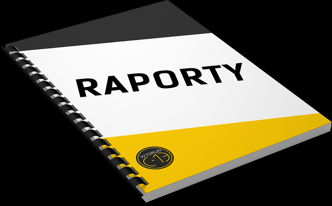 Bindowany raport z okładką w kolorach czarnym, białym i żółtym, z napisem 'RAPORTY' i logo drukarni, leżący ukośnie na czarnym tle.