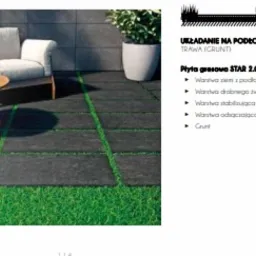 Aranżacja tarasu z płyt gresowych Star 2.0,3.0 ułożonych na podłożu trawiastym, z zielonymi paskami trawy między płytami, w tle biały fotel i stolik kawowy oraz donica z rośliną.