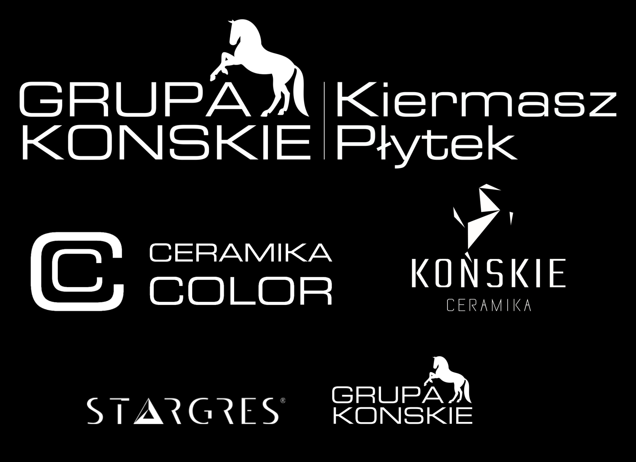 Kompilacja logo producentów ceramiki i płytek, w tym Grupa Końskie, Kiermasz Płytek, Ceramika Color i Stargres, na czarnym tle.