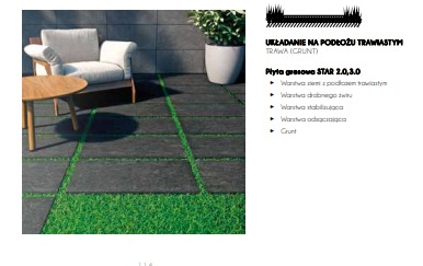 Aranżacja tarasu z płyt gresowych Star 2.0,3.0 ułożonych na podłożu trawiastym, z zielonymi paskami trawy między płytami, w tle biały fotel i stolik kawowy oraz donica z rośliną.