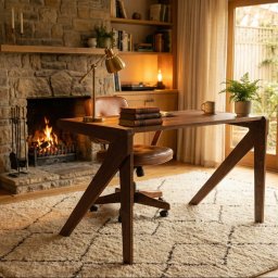 IDEE & CO. Agata Sopniewska - Drewniane biurko z krzesłem na tle kominka i regałów z książkami. Na blacie lampka, książki i roślina. Widok na ogród przez przeszklone drzwi.