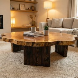 IDEE & CO. Agata Sopniewska - Stolik kawowy z blatem z litego drewna o nieregularnym kształcie, na ciemnych, drewnianych nogach, w jasnym salonie z kominkiem i beżową sofą.