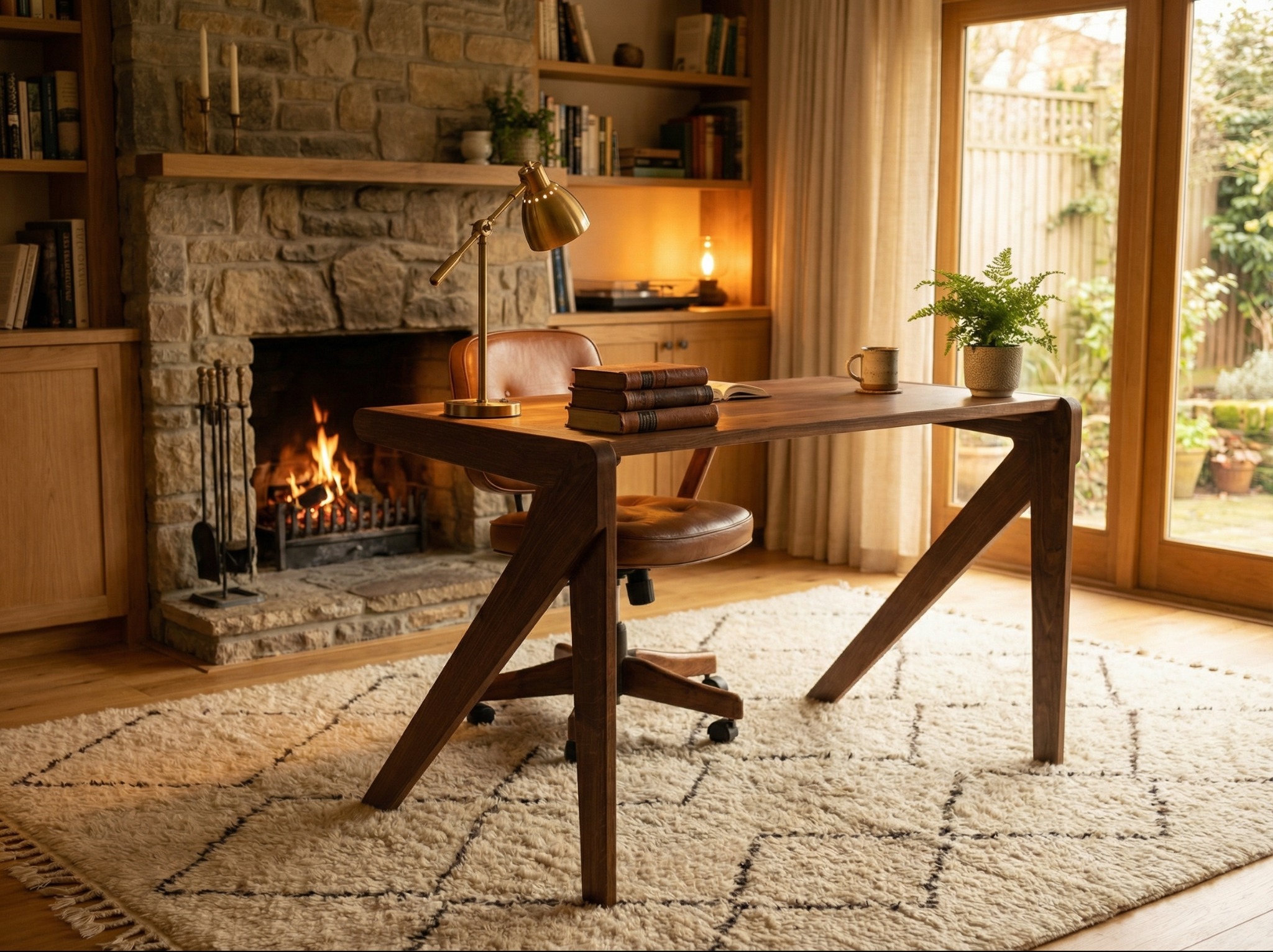 Drewniane biurko z krzesłem na tle kominka i regałów z książkami. Na blacie lampka, książki i roślina. Widok na ogród przez przeszklone drzwi.