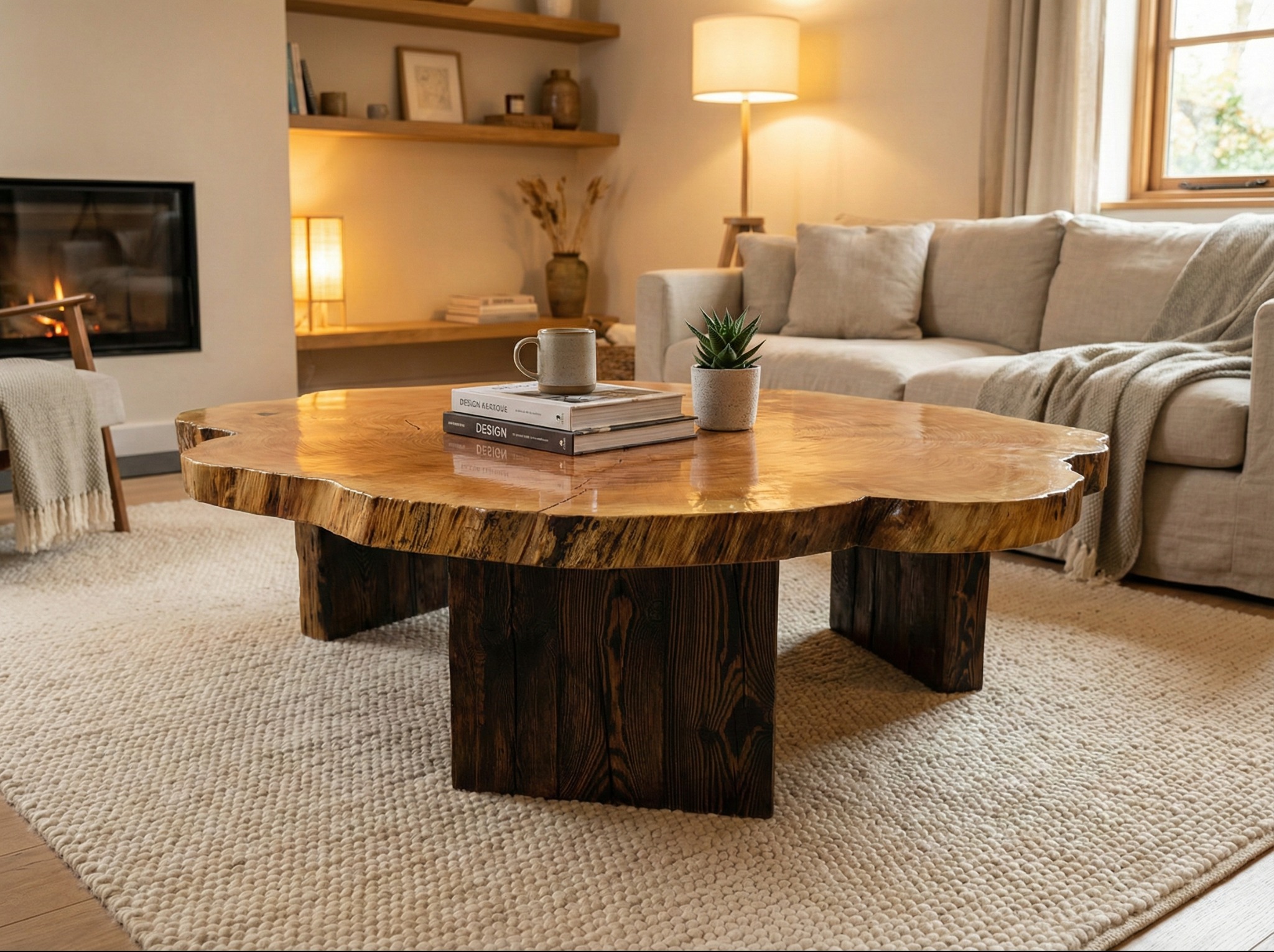 Stolik kawowy z blatem z litego drewna o nieregularnym kształcie, na ciemnych, drewnianych nogach, w jasnym salonie z kominkiem i beżową sofą.