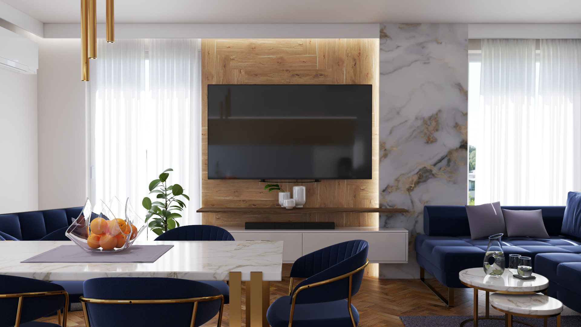 Eleganckie wnętrze salonu z marmurowym stołem, granatowymi krzesłami z złotymi nogami, oraz narożnikiem w odcieniach granatu, na ścianie telewizor na tle drewnianej okładziny