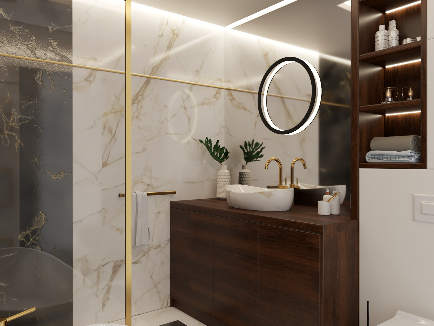 Elegancka łazienka z marmurowymi ścianami, owalną umywalką nablatową, złotą armaturą i okrągłym lustrem z podświetleniem LED.