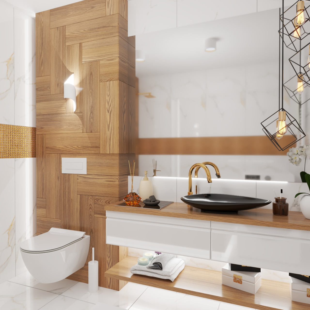 Nowoczesna łazienka z drewnianymi panelami ułożonymi w jodełkę, czarną umywalką na blacie z jasnego drewna, złotą armaturą i wiszącą lampą z geometrycznych elementów.