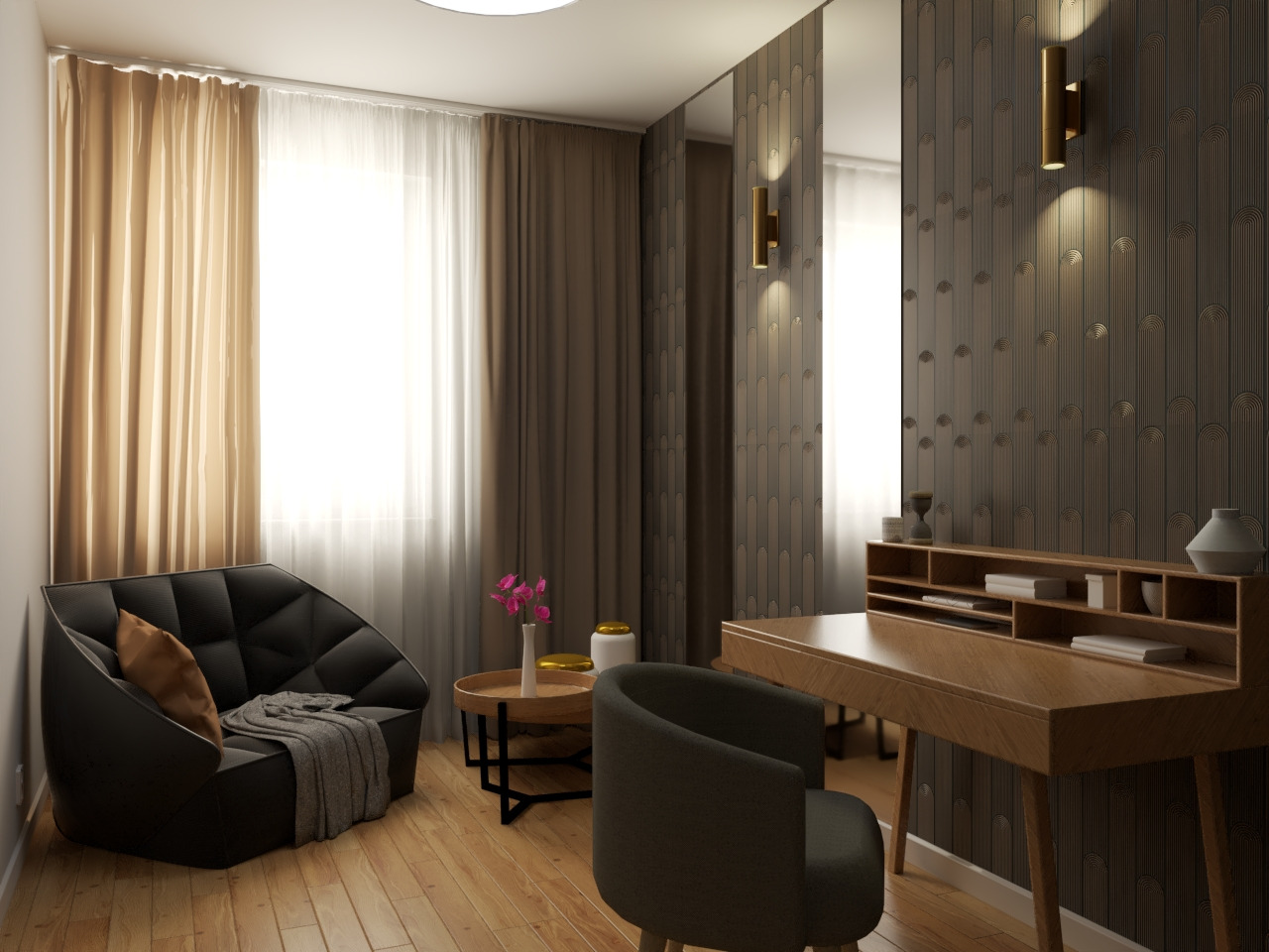 Wizualizacja pokoju z czarnym fotelem, drewnianym biurkiem z nadstawką i krzesłem na tle wzorzystej tapety i zasłon w odcieniach brązu.