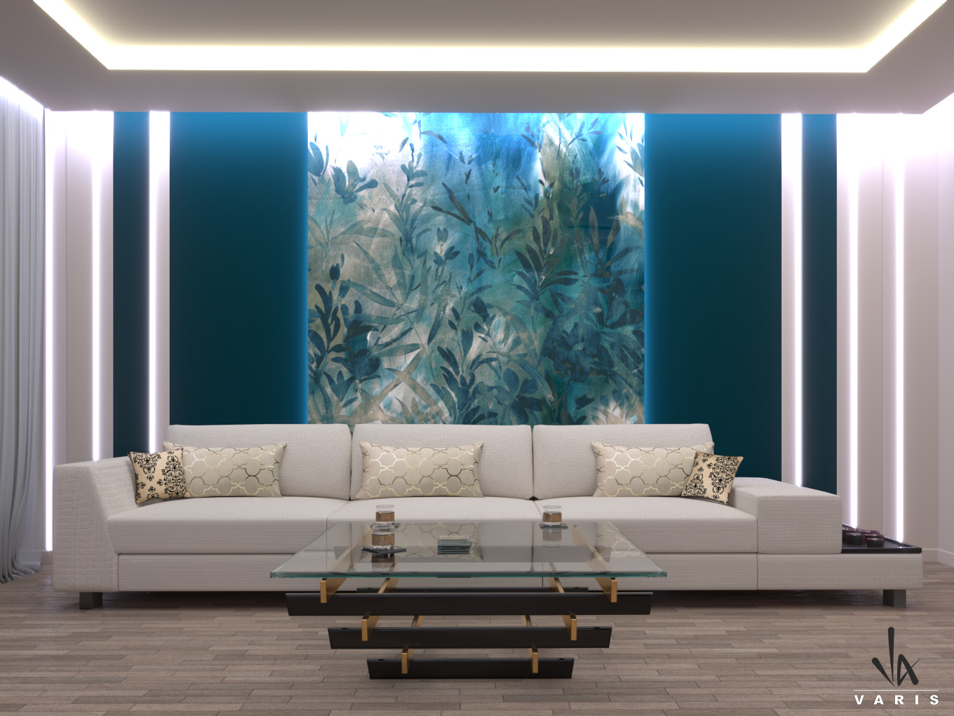 Jasna sofa modułowa z dekoracyjnymi poduszkami na tle ściany z turkusowym wzorem roślinnym i pionowymi pasami LED, szklany stolik kawowy z geometryczną podstawą.