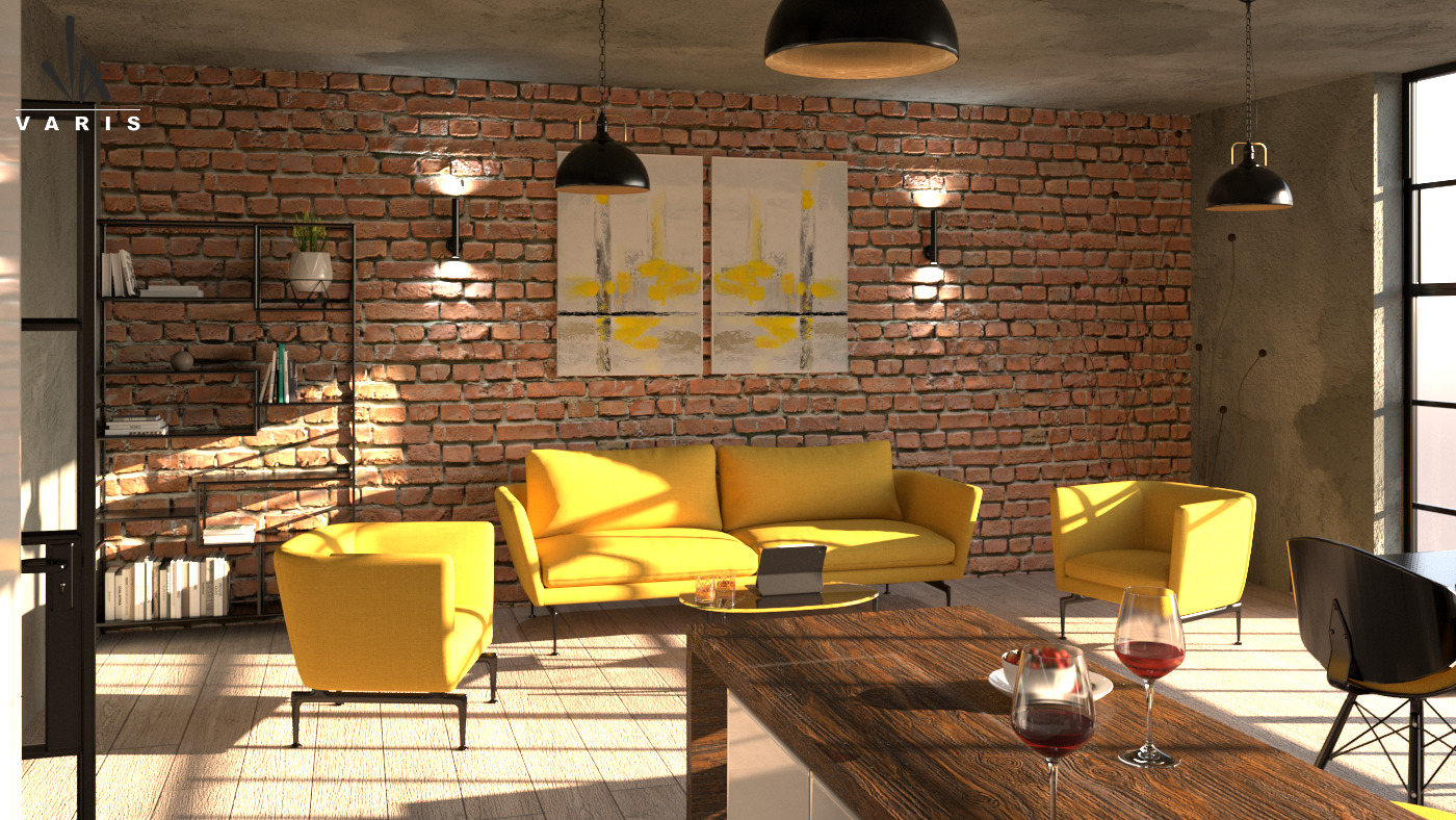 Wizualizacja salonu z ceglaną ścianą, żółtą sofą i fotelami, oświetlonego wiszącymi lampami. Na pierwszym planie drewniany blat z kieliszkami wina i talerzem.