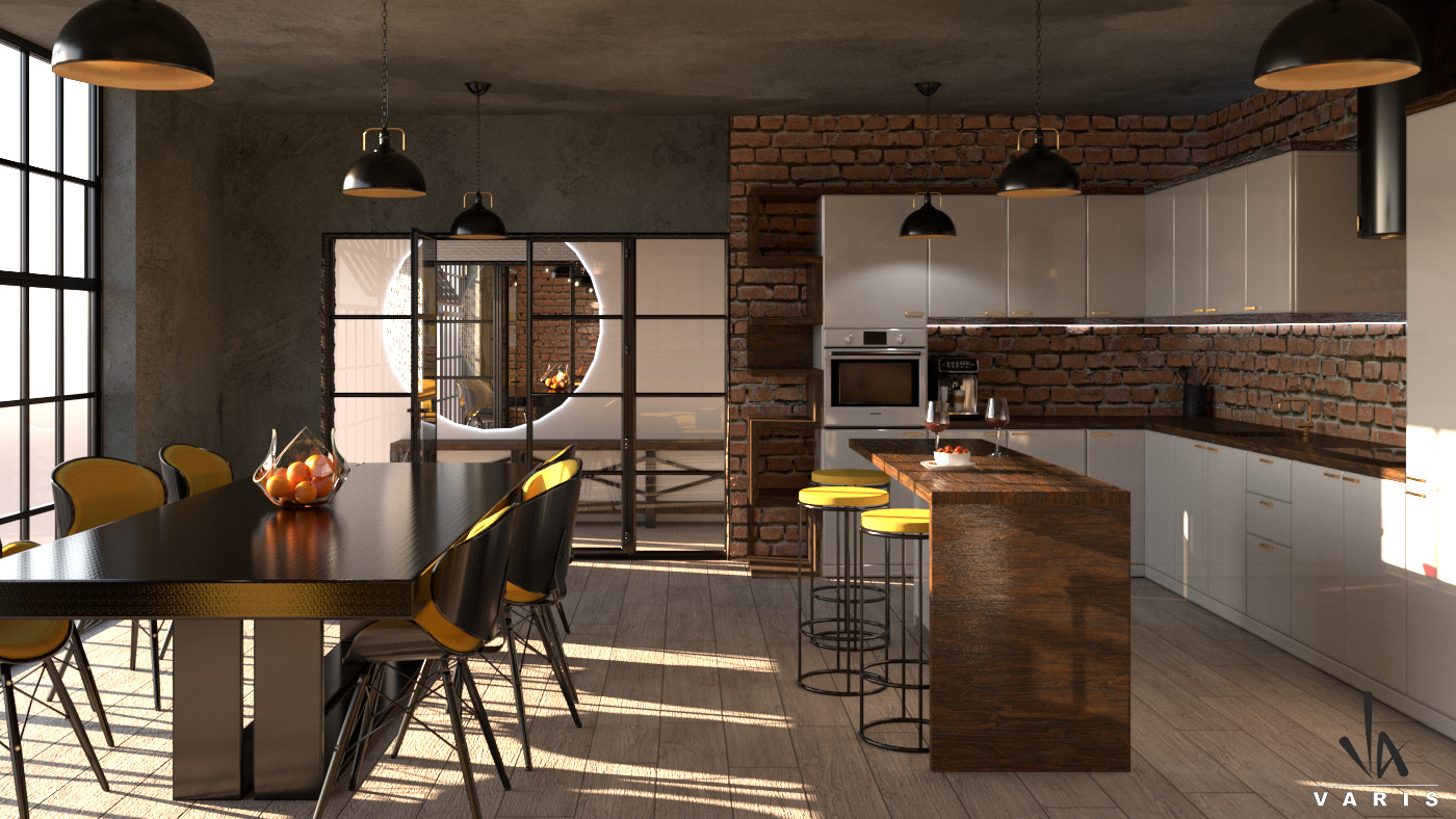 Loftowe wnętrze jadalni z kuchnią: czarny stół z owocami, żółte krzesła, ceglana ściana, białe szafki kuchenne i wiszące lampy.
