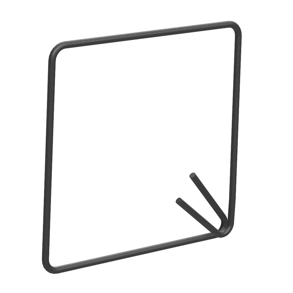 Metalowy kwadratowy uchwyt z dwoma wystającymi prętami, matowa szara powierzchnia, minimalistyczny design.