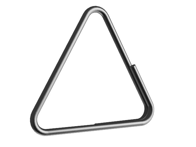 Metalowy uchwyt w kształcie trójkąta z zaokrąglonymi rogami, spawany na jednym z boków, prezentowany na białym tle.