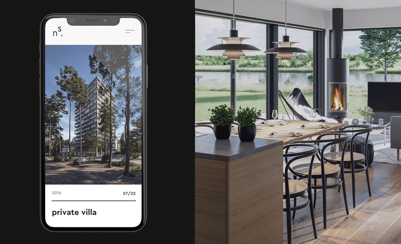 Ekran smartfona prezentuje wizualizację nowoczesnego budynku mieszkalnego otoczonego zielenią, obok widok z wnętrza przestronnego salonu z kominkiem i widokiem na jezioro, ukazujący harmonijne...