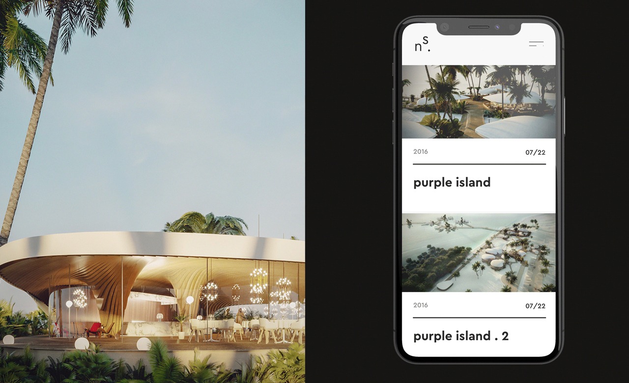 Wizualizacja restauracji na tropikalnej wyspie, widoczna w tle palma i na ekranie smartfona prezentacja portfolio z tą samą wizualizacją, podpisana 'purple island'.