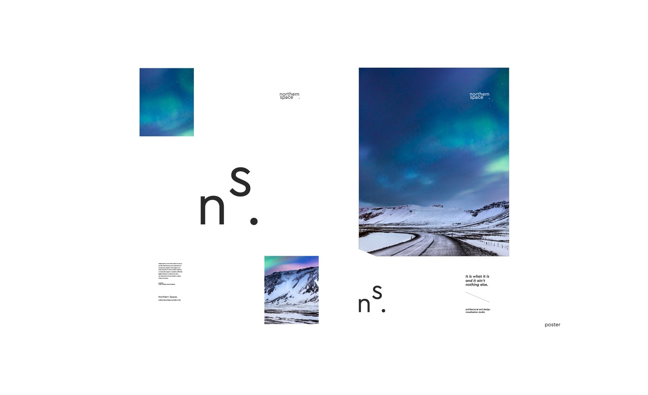 Kompozycja graficzna z elementami krajobrazu zimowego z zorzą polarną, stylizowana na plakat z minimalistycznym tekstem i geometrycznymi kształtami na białym tle.