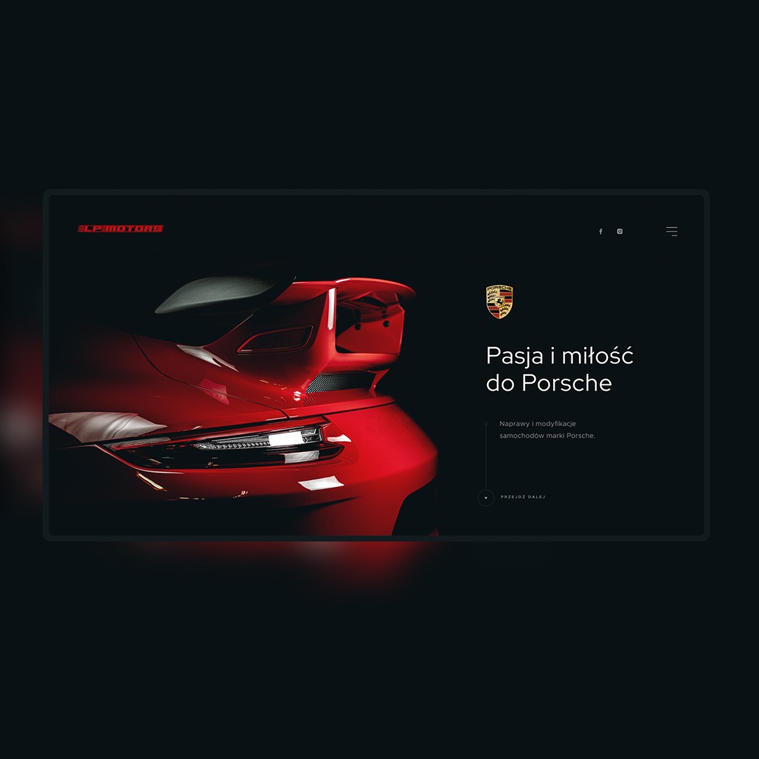 Projekt strony internetowej z czerwonym sportowym Porsche w tle, hasłem 'Pasja i miłość do Porsche' oraz logo firmy LP Motors i Porsche.