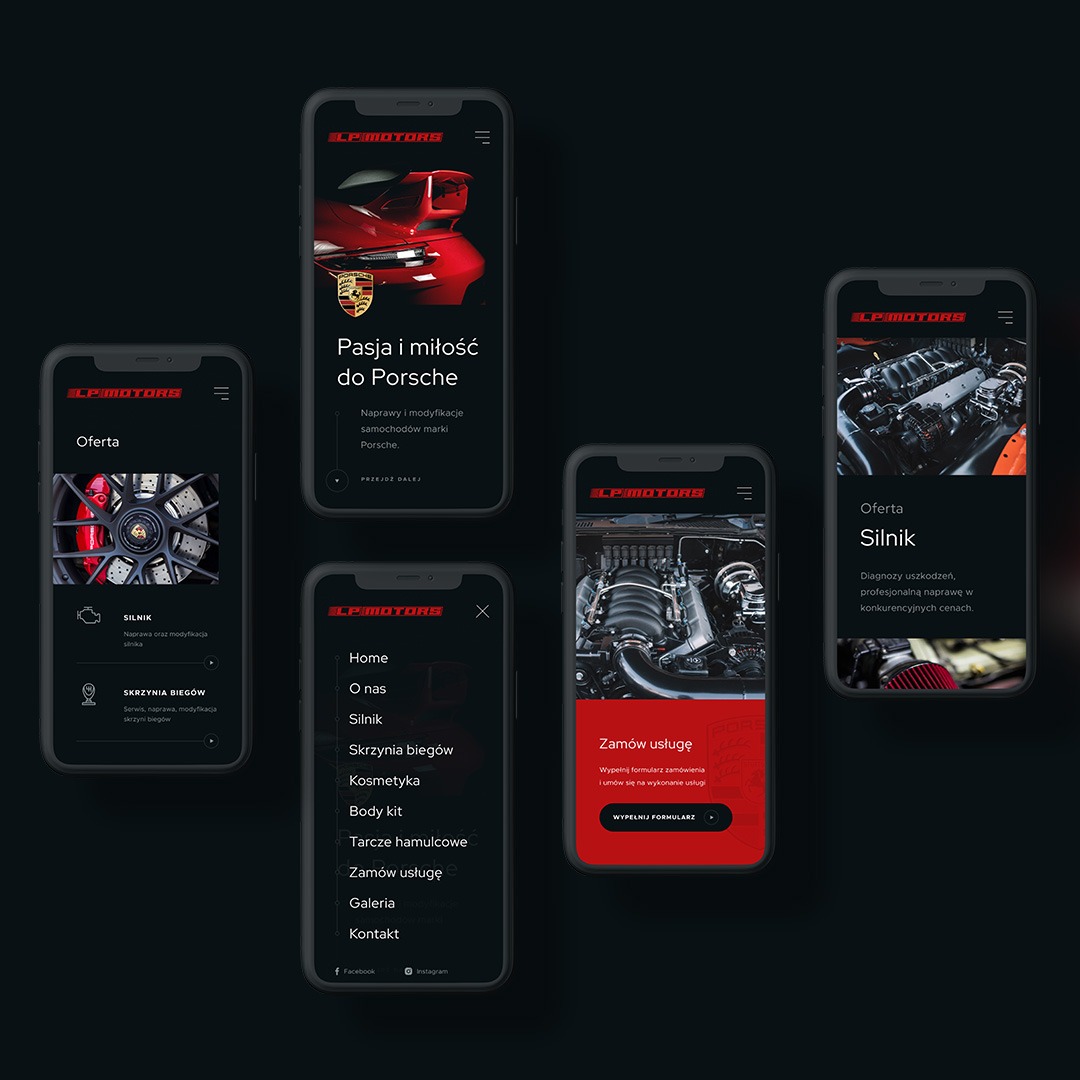Prezentacja responsywnego projektu strony internetowej dla warsztatu samochodowego LP Motors na pięciu smartfonach, z widocznymi elementami menu, ofertą silników i skrzyń biegów oraz formularzem...