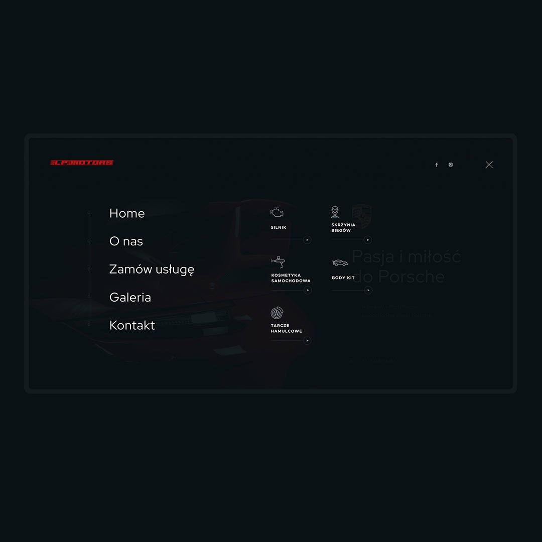 Projekt strony internetowej warsztatu samochodowego z menu bocznym i ikonami silnika, skrzyni biegów, kosmetyki samochodowej, body kit oraz tarcz hamulcowych na tle czerwonego Porsche.