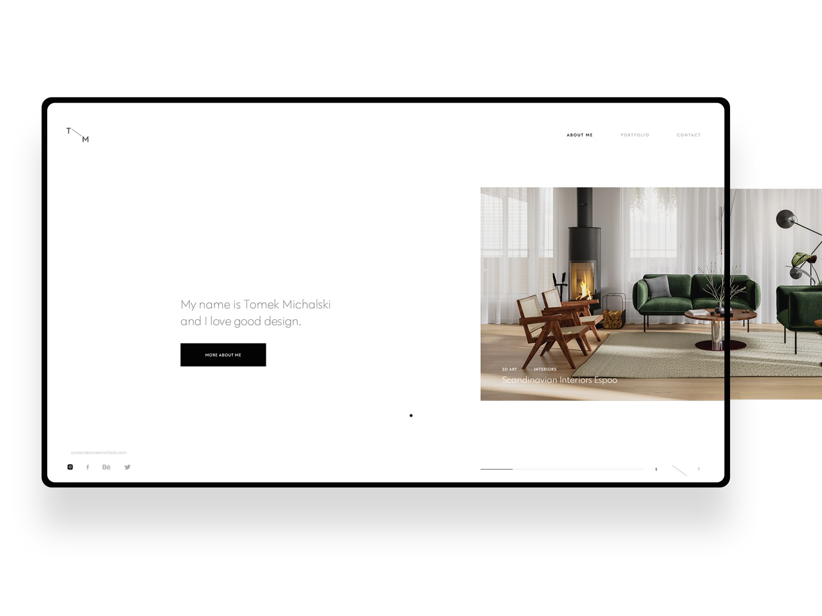 Prezentacja portfolio internetowego z minimalistycznym designem, ukazująca wizualizację skandynawskiego wnętrza z kominkiem i zieloną sofą.