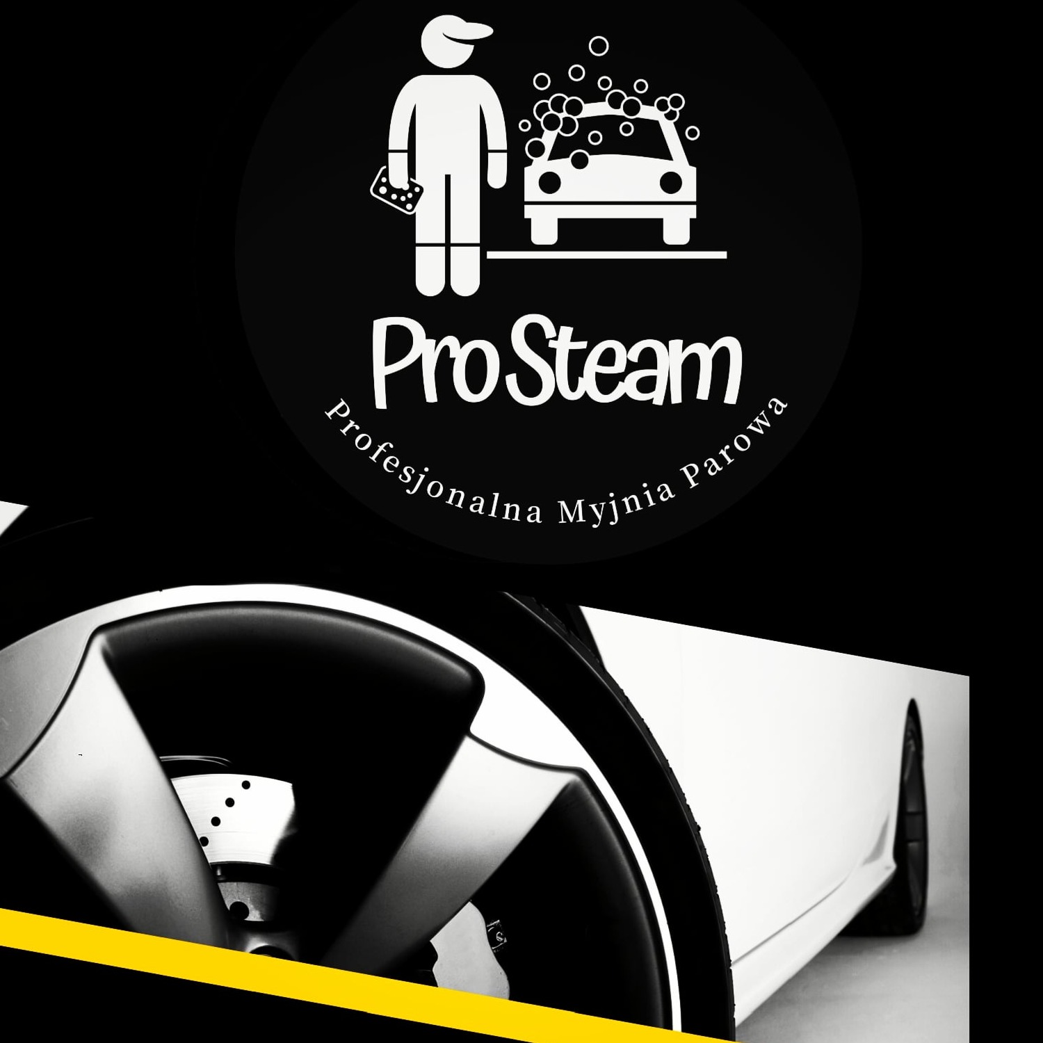 Logo firmy Pro Steam, profesjonalnej myjni parowej, z grafiką osoby myjącej samochód, na tle fragmentu białego auta z widocznym kołem i żółtym akcentem.